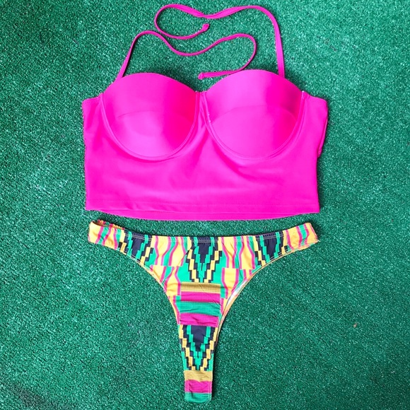 Other - NWOT Halter Top Tribal Print Thong Bikini Set